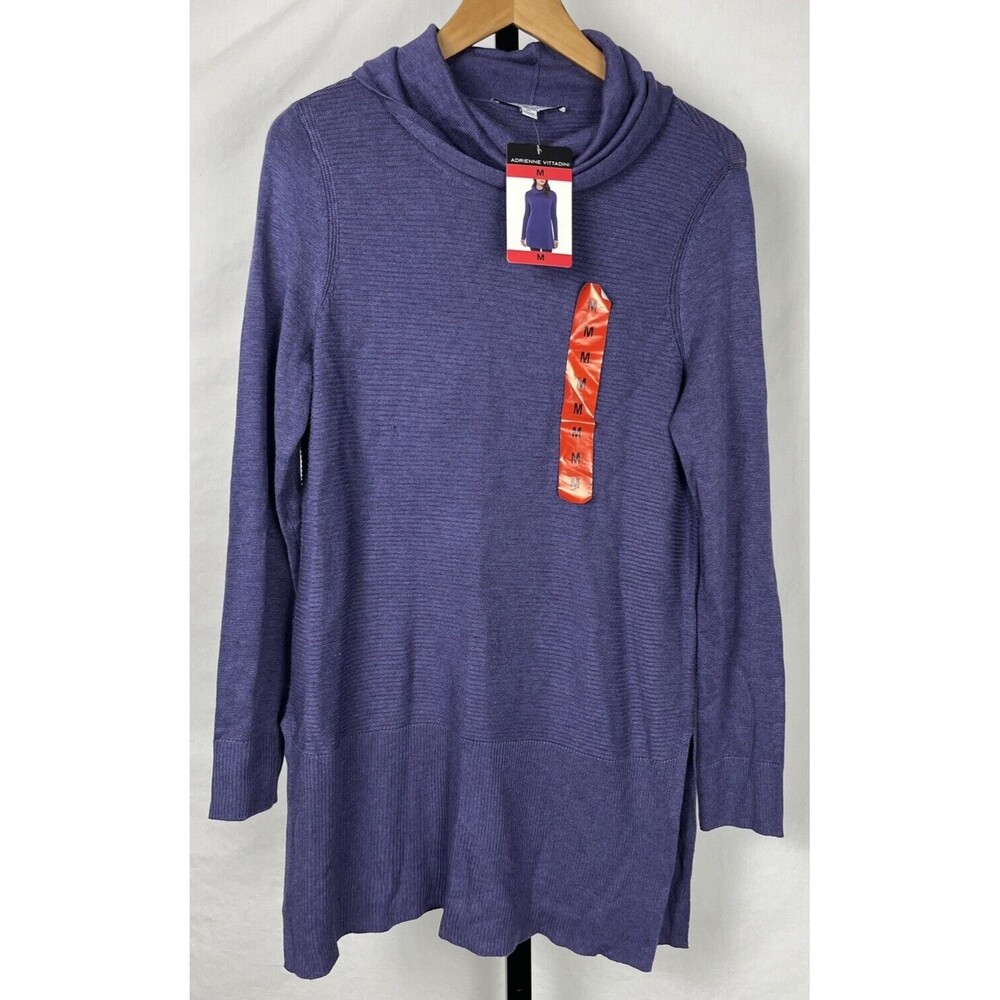Adrienne Vittadini Sweater Cowl Neck Tunic‎ Ribbed Plum Purple Side Slits Medium